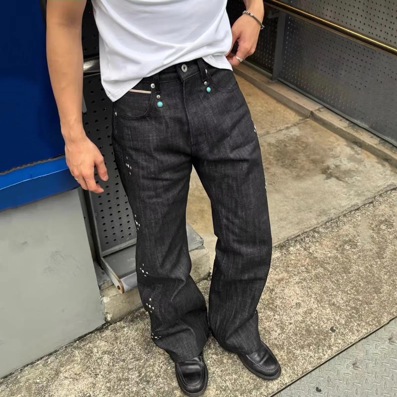 Men's Retro Rivets Black Jeans Punk Style Pants Street Sweatpants Cool Boys Bottom Male High Waist Wide Legs Y2k Trousers