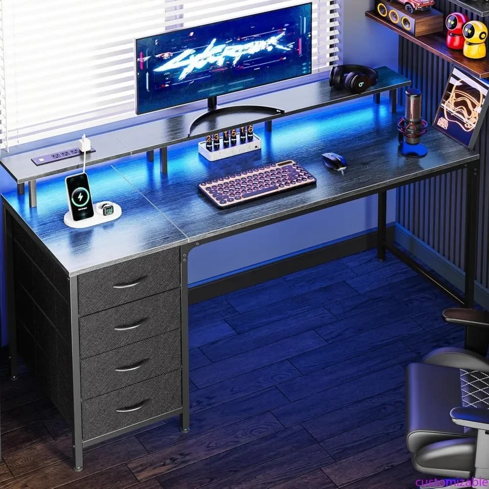 Computer Desk 55 Inch with Current and LED Lights, Gaming Desk with 4 Drawers, Office Desk with Monitor, Studio and Work Support