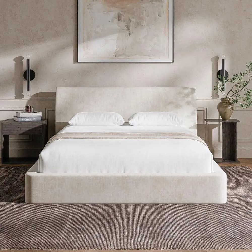 Letto matrimoniale ergonomico con cuscino in schiuma angolato e design minimalista a piattaforma, nessun box spring richiesto, facile da montare (Beige)