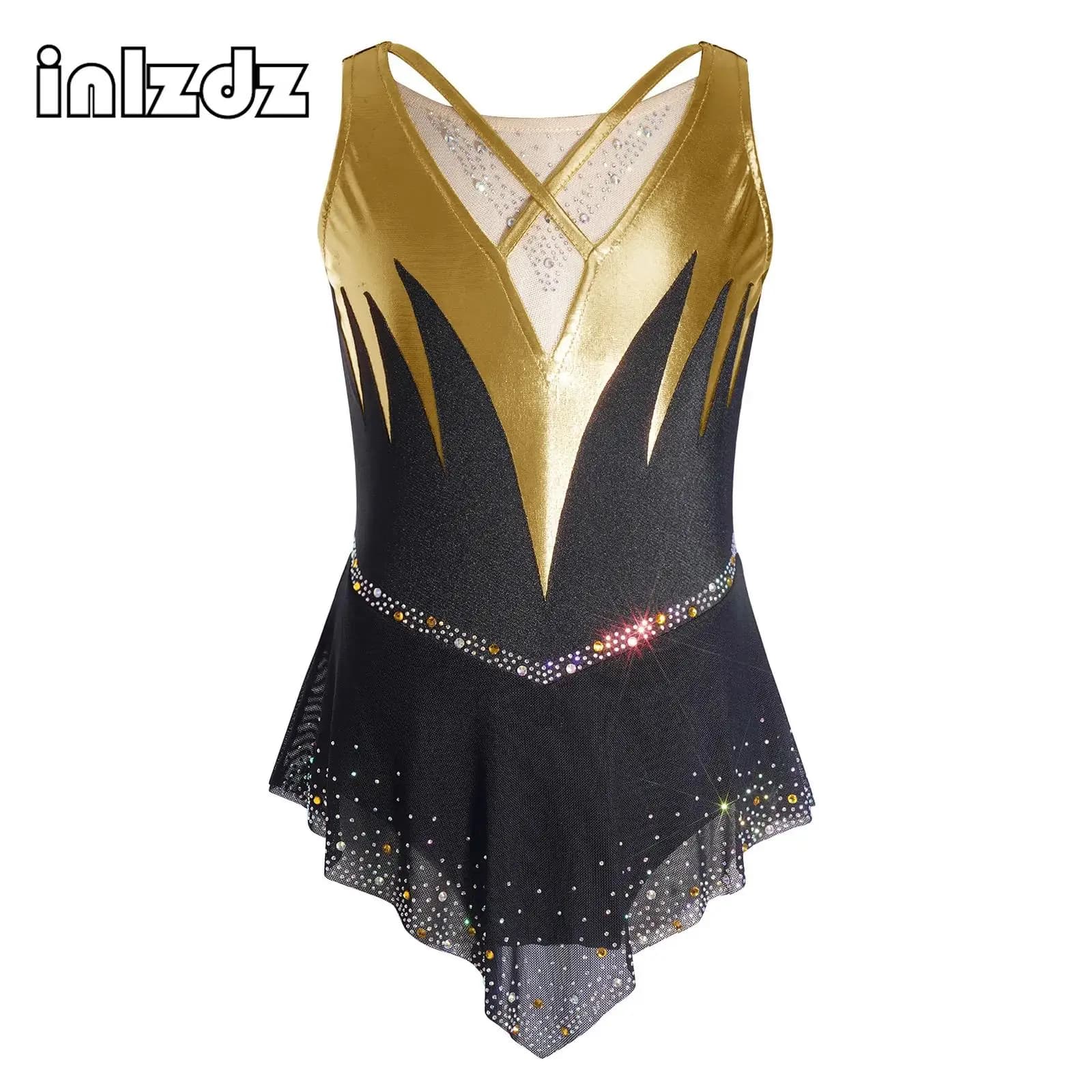 Costume da Danza per Bambine, Ginnastica Acrobatica, Pattinaggio Artistico, Balletto, Abito Senza Maniche con Strass e Rete Incrociata sul Davanti