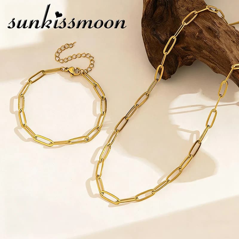 Set di bracciali con collana minimalista in acciaio inossidabile Sunkissmoon, bracciali a maglie delicate per donna, semplici gioielli a catena impilabili