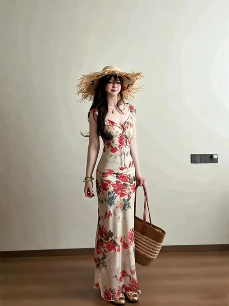 SYJ Summer Floral Tie Waist Sleeveless A-Line Dress Women's City Commute Beach Date Casual Vacation Stylish Slimming Long Dress