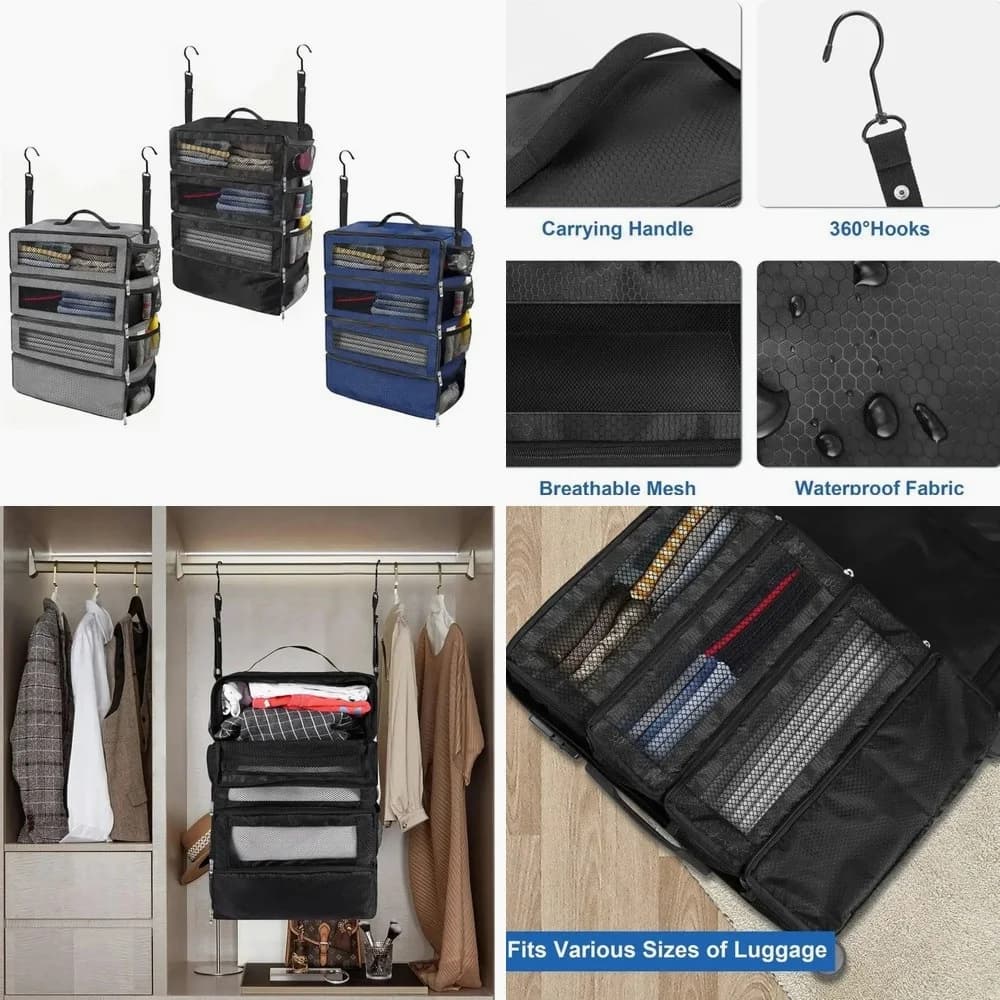 High-Capacity Travel Suitcase Organizer, Hanging Shelves Packing Cubes, Collapsible Closet Storage Bags for Luggage
