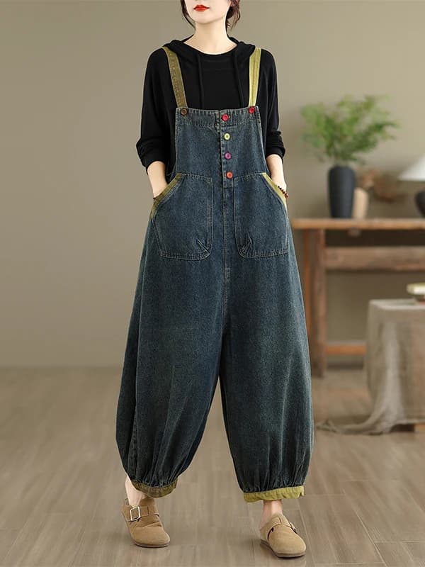 Casual Large Size Artistic Denim Nine-Piece Women's Overalls Autumn New Style Loose Fit Cotton Jeans Natural Waist Washed