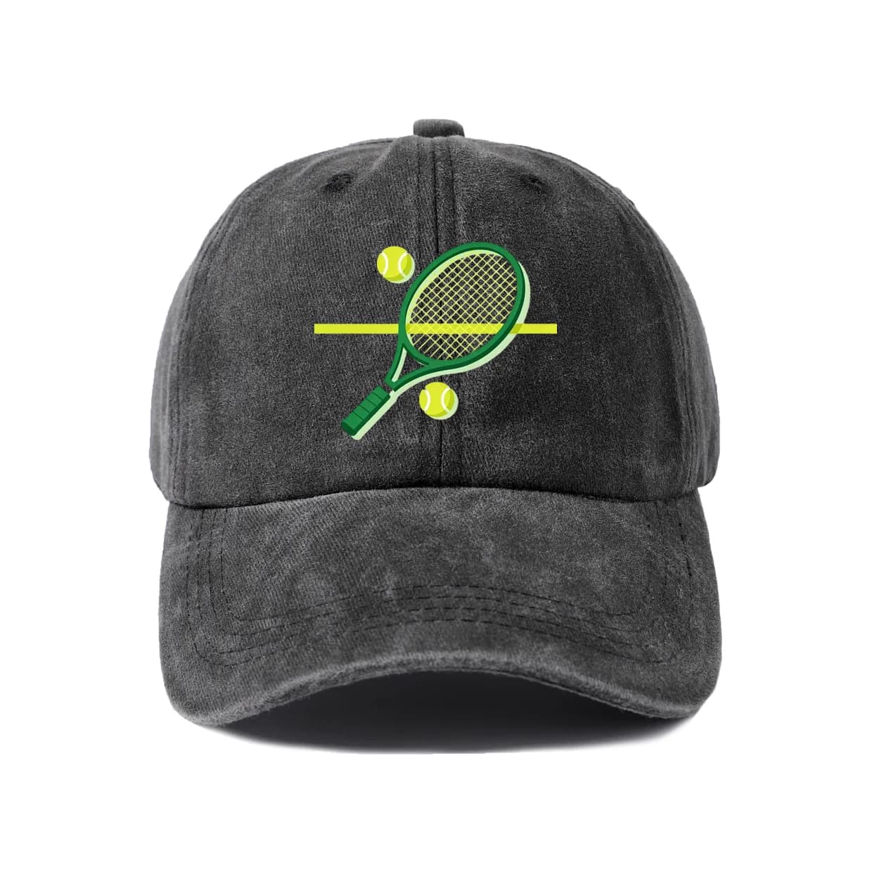 Vintage Washed Tennis Racket and Balls Baseball Cap, Adjustable Unisex Dad Hat, Tennis Player Sports Gift