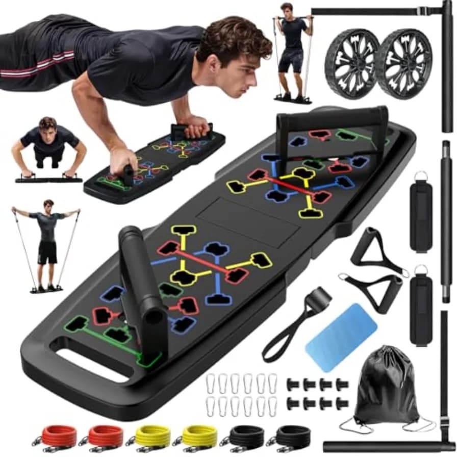 Tavola per flessioni, attrezzatura portatile per palestra domestica, barra per pilates e 20 accessori fitness con bande di resistenza e rullo per addominali