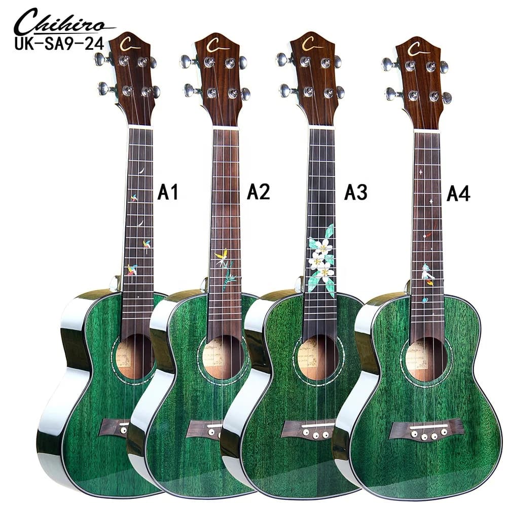 Strumenti musicali personalizzati della fabbrica di chitarre in Cina Concerto Corpo in mogano da 23 pollici Ukulele verde lucido con intarsio in pietra colorata