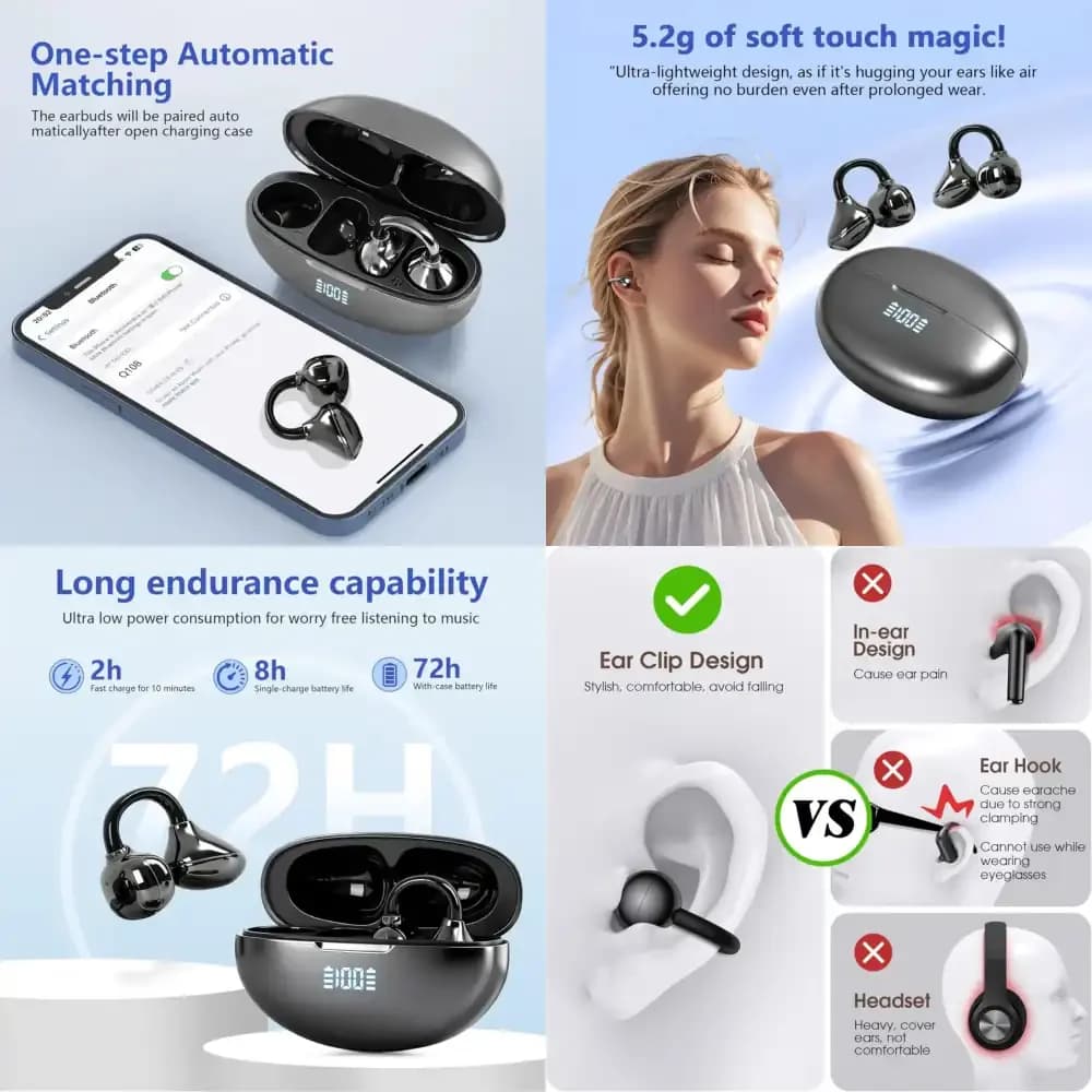 Wireless UYUXIO OWS BT 5.4 with Clip, 50 Reproduction Hours, Open-Ear Design, Long Battery Life