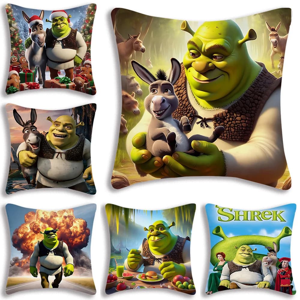 Fodere per cuscini Shrek divertenti del film fantasy Divano dei cartoni animati Decorativo per la casa Stampa fronte-retro Fodera per cuscino corta in peluche carina
