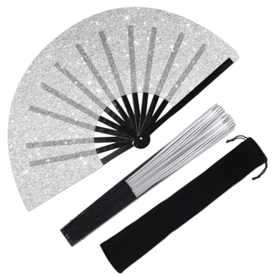 Large Folding Hand Fan Glitter Large Rave Hand Fan, Folding Shiny Hand Fan Clack Handheld Fan Women Handheld Fan with Bag for F