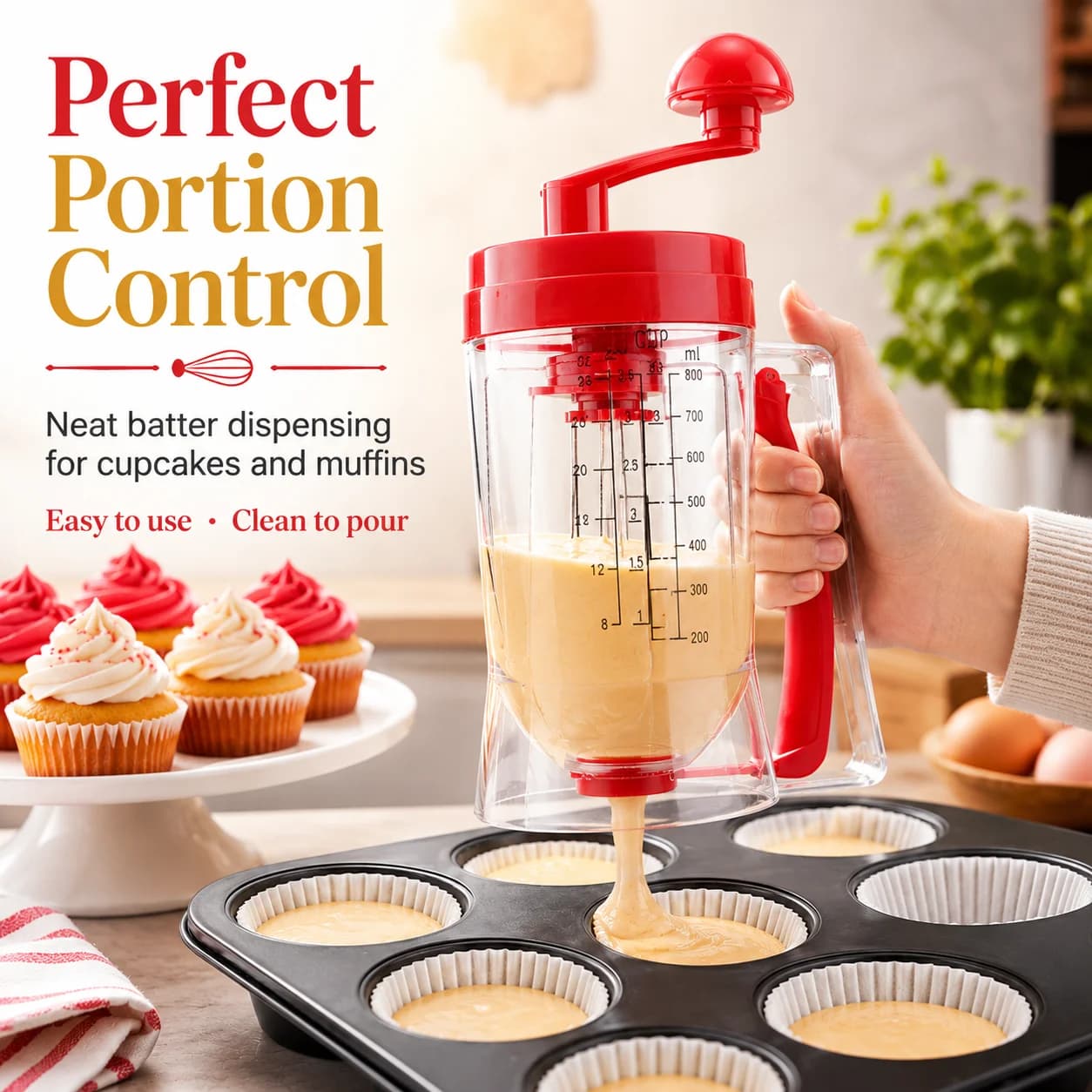 Batter Dispenser with Measurement Mark Hand Crank Mixing Cup for Cupcake Muffin Waffle Pancake Baking Portion Control Tool