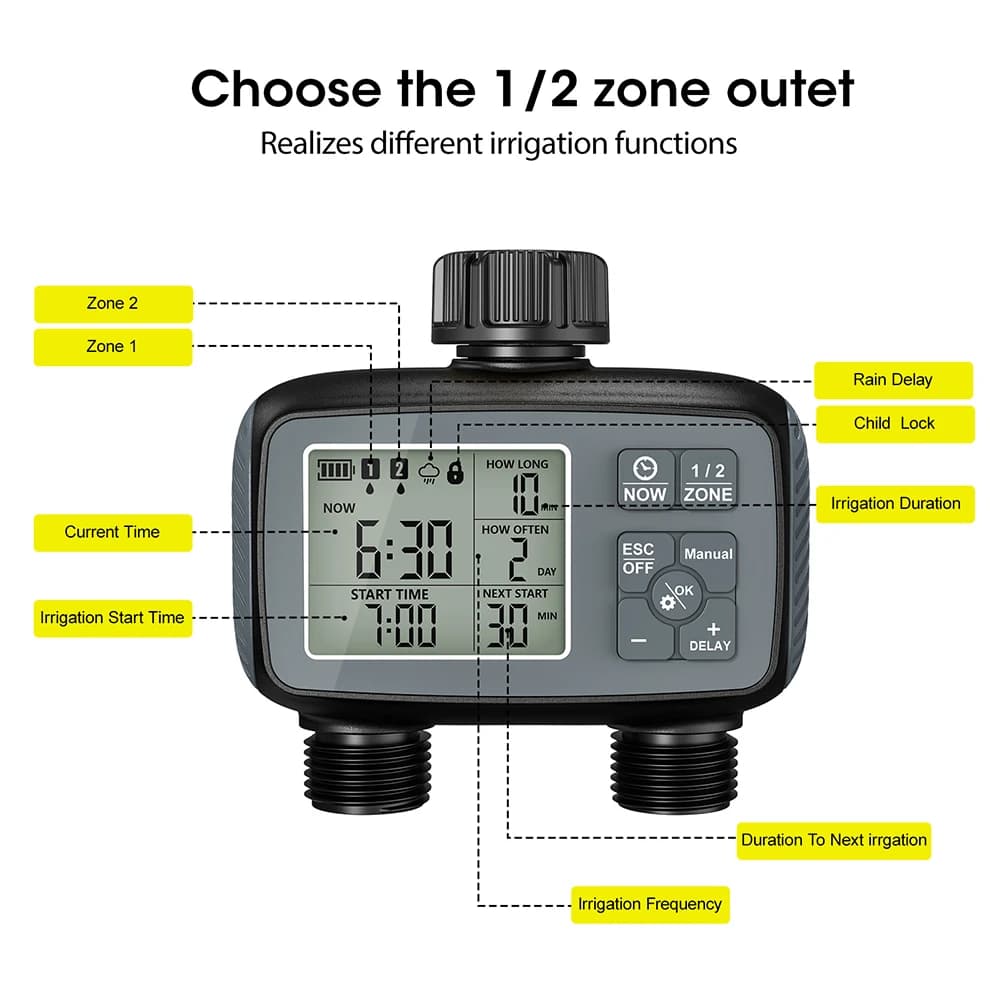 Smart Water Timer 2-Zone Sprinkler Timer Programmable Garden Hose Timer Water-Saving Irrigation Controller for Lawn IPX5