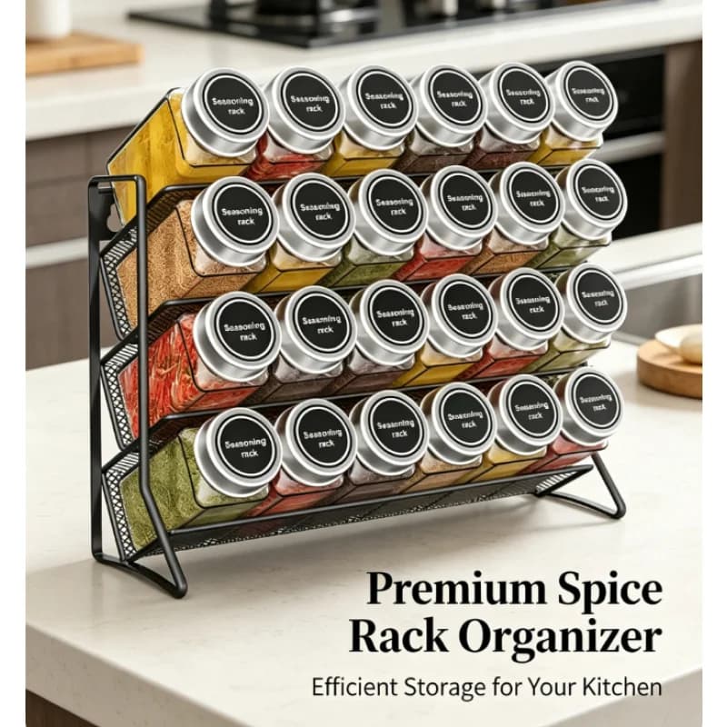 Scaffale da Cucina a 4 Ripiani in Acciaio al Carbonio, Organizzatore Antiscivolo per Spezie, Scaffale Multifunzionale per Dispensa Domestica