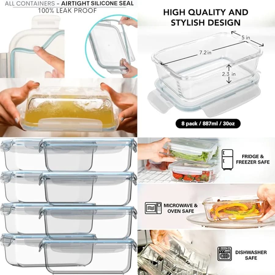 Set da 16 Pezzi di 8 Contenitori in Vetro da 30 Oz per Preparazione Pasti con Coperchi, Grandi Contenitori Ermetici in Vetro per Alimenti, Riutilizzabili e a Prova di Perdite BP