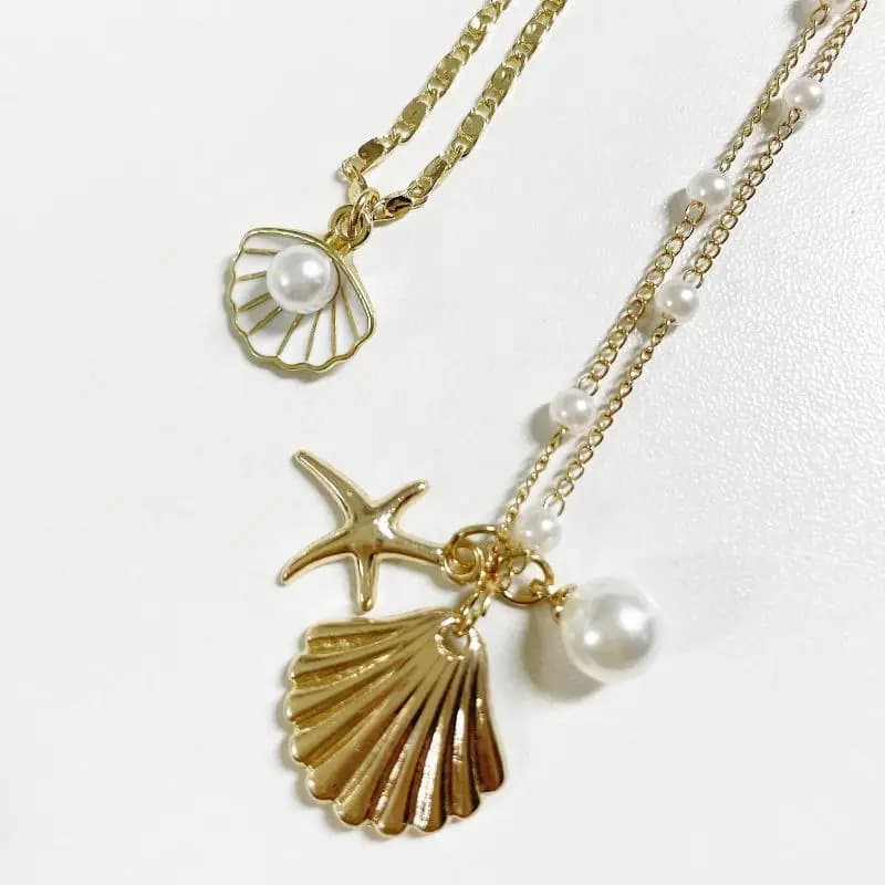 2pcs/Set Multi Layer Necklace For Women Jewelry Sets Fashion Boho Gold Color Marine Shell Starfish Pendant Pearl Chain