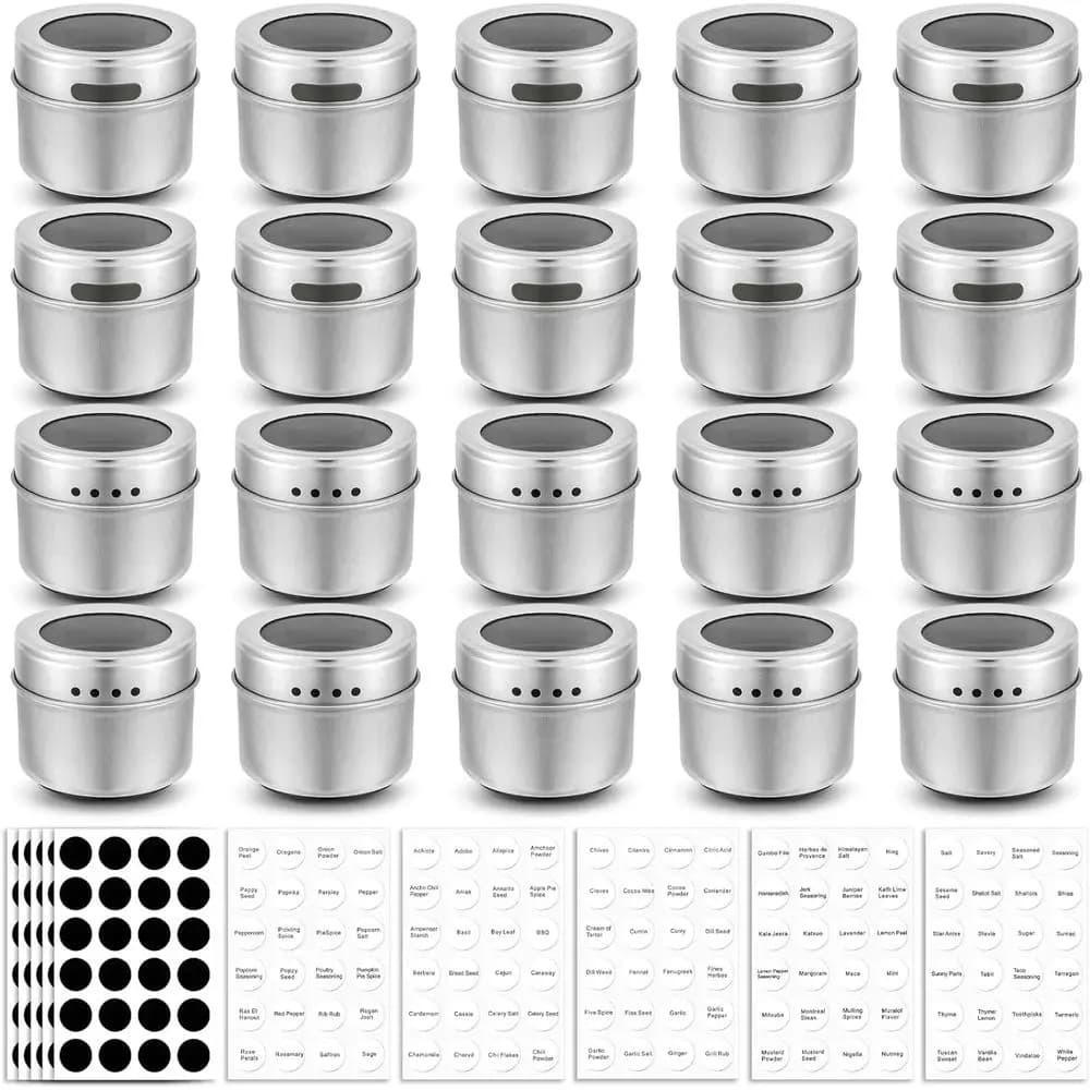 20 Pack Magnetic Spice Jars, Containers, Refrigerator, Seasoning Tins with Clear Top Lid, 240 PVC Spice Label Set