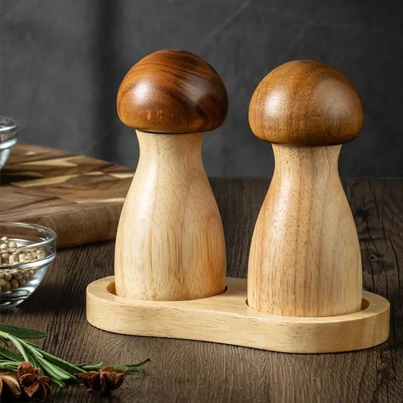Macinapepe creativo in legno a forma di fungo Sale marino Set di basi per bottiglie di macinazione di pepe nero Macinapepe da cucina Saliera in legno