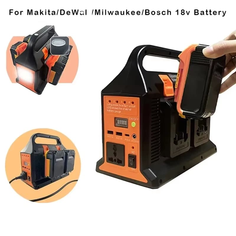 300 W Lithium Converter for Makita/DeWalt/Milwaukee/Bosch 18 V to AC 110 V/220 V USB Converter Tpye-C Power Bank with Light