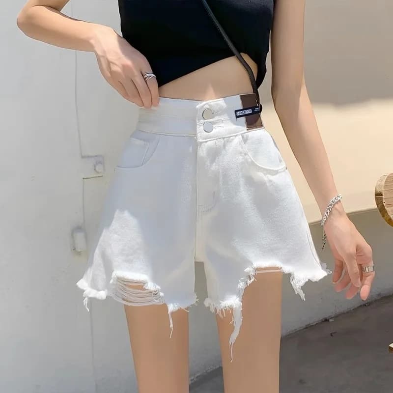 White High Waist A-Line Denim Shorts Women's Slimming Summer Thin 2026 New Trendy Loose Wide Leg Hole Hot Pants