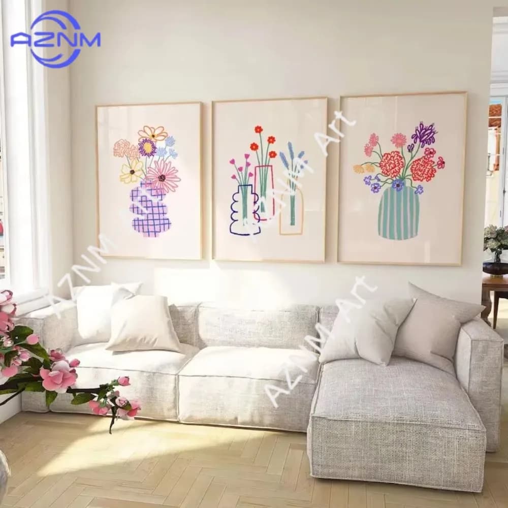 1/3pcs Abstract Flower Vase Pastel Floral Bouquet Poster Retro Flower Market Canvas Painting Wall Art for Room Home Decor