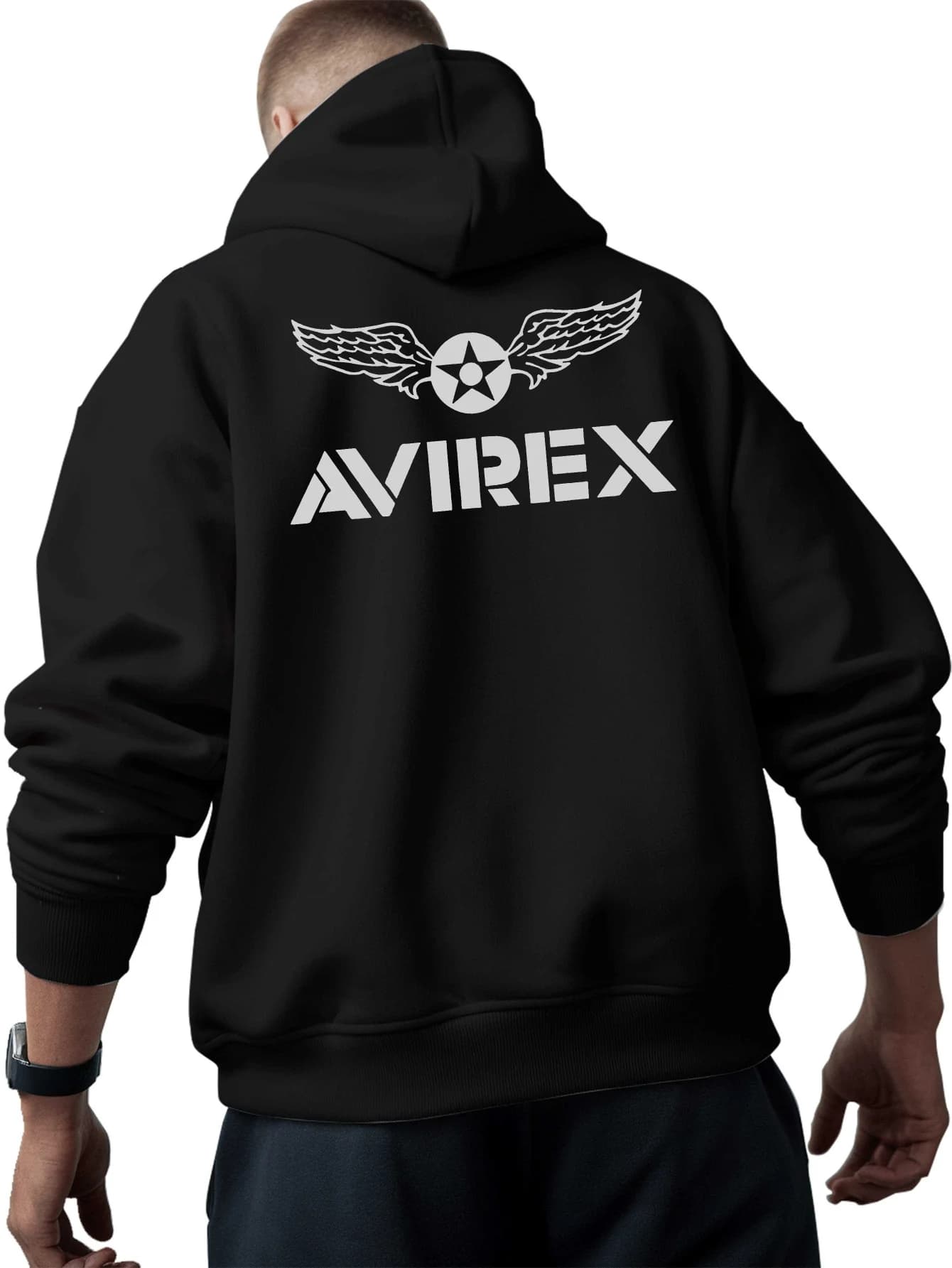 Felpa con cappuccio Avirex da uomo oversize, grafica con logo delle ali, pullover stile aeronautico militare, top casual, motivi stampati, felpe con cappuccio da uomo