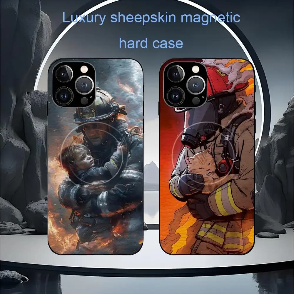 Cover per iPhone 17 16 15 14 13 12 11 Plus Pro Max con design artistico 'Firefighter Heroes', di lusso, in pelle di pecora, compatibile Magsafe