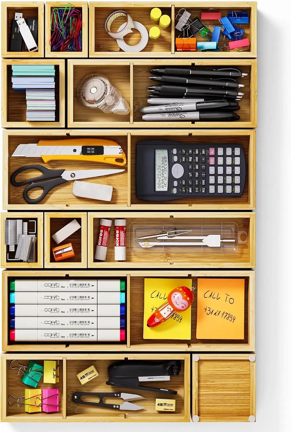 12-Piece Bamboo Desk Drawer Organizer Set – Adjustable Storage Boxes with 24 Compartments, Non-Slip, Modular Design for Office, Jewelry, Vanity, and Kitchen Utensil Drawer Storage
