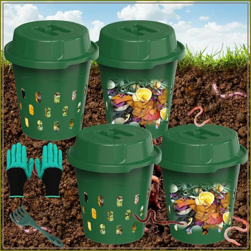4-Pack Inground Worm Composter, Outdoor Vermicomposting Bin for Garden Beds, Easy Composting for Beginners, 9.5x9.5x10.8 Inch, Green