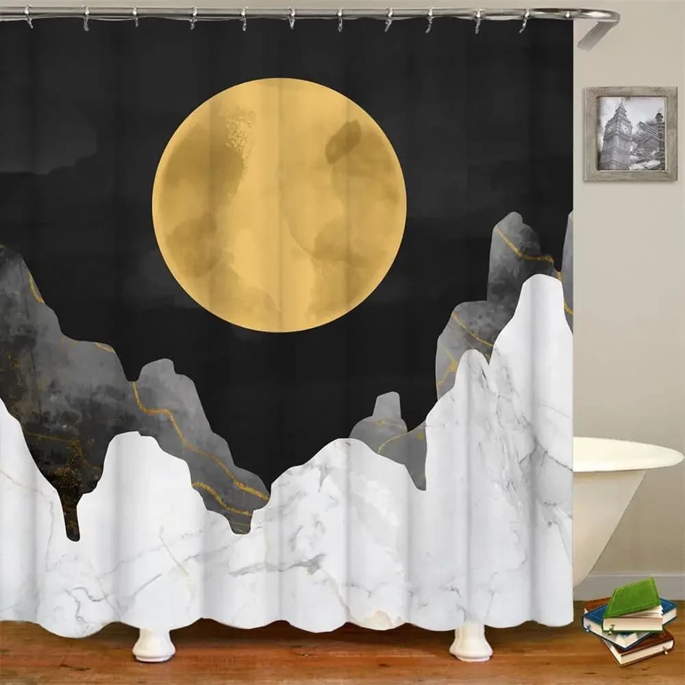 Tenda da doccia nera grigia e bianca Tenda da doccia astratta con luna piena Decorazione semplice e moderna per il bagno con gancio