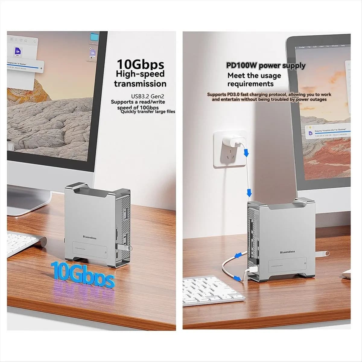 Docking Station A46U Blueendless per Mac Mini M4 - USB 3.2 10Gbps, USB 2.0, Slot per Schede SD/TF, Enclosure SSD M.2 NVME, Accessori PC
