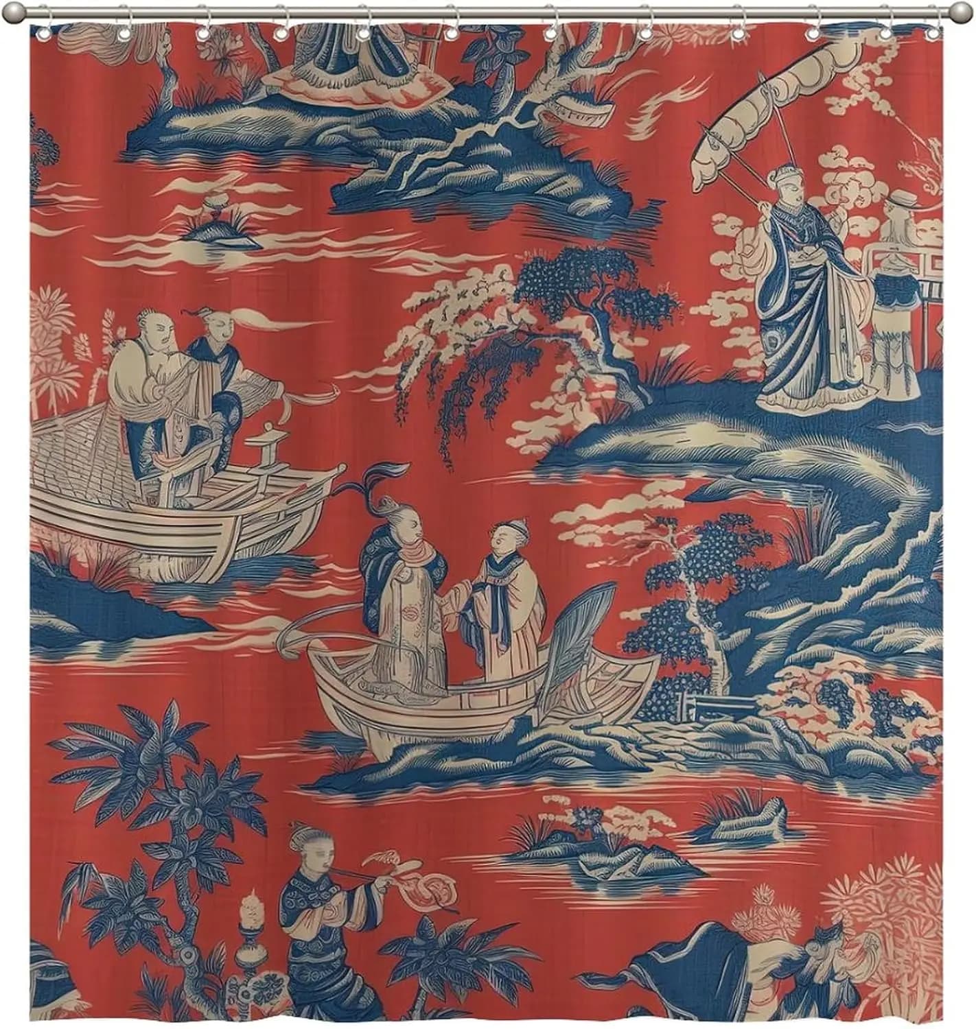 Tenda da doccia in stile orientale tradizionale cinese, in poliestere, per bagno e vasca, con motivo dinastia reale, rossa, stile Chinoiserie