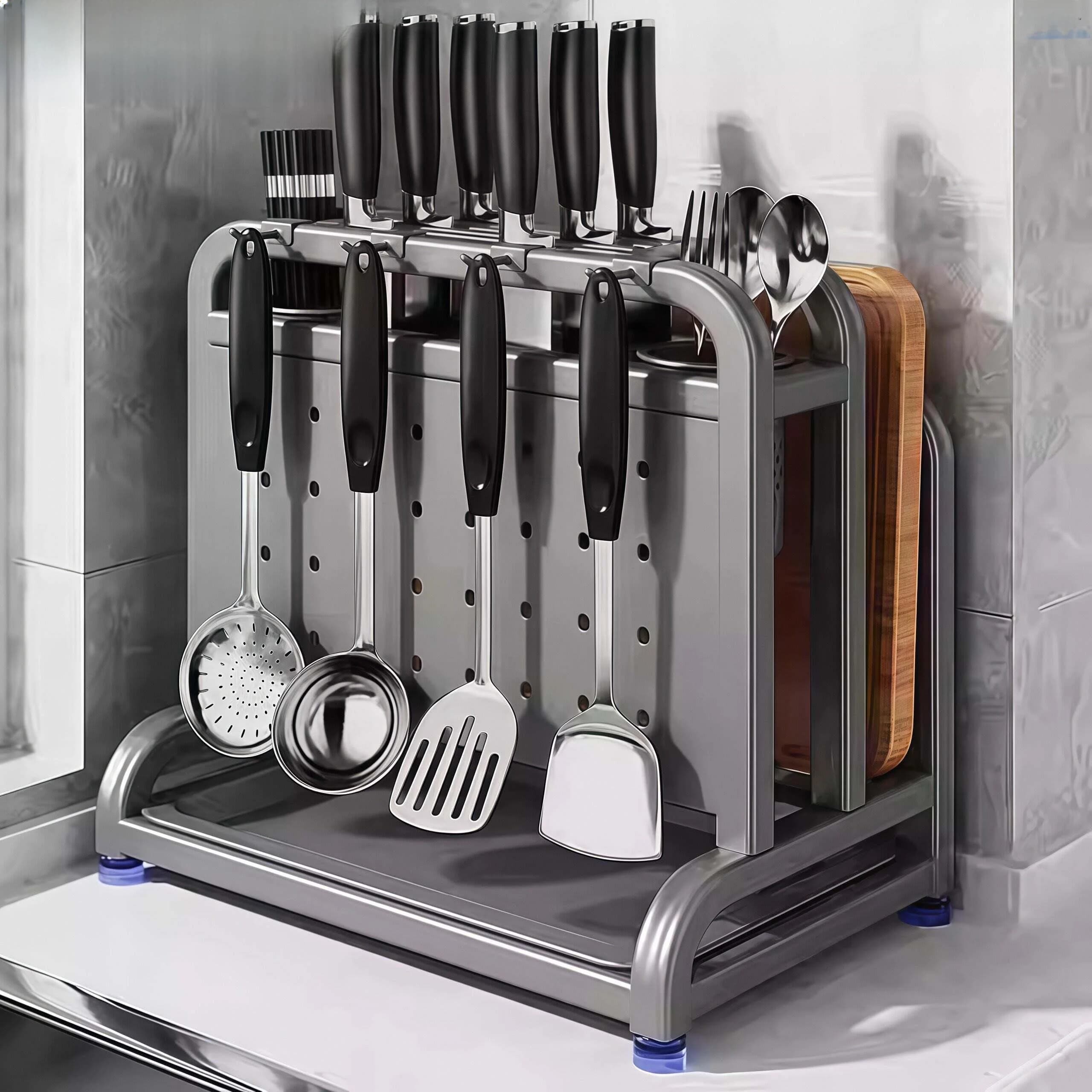 Portacoltelli Multifunzionale in Acciaio Inox 304, Porta Bacchette, Scaffale Portaoggetti Monoblocco, Ripiano da Cucina con Funzione di Asciugatura