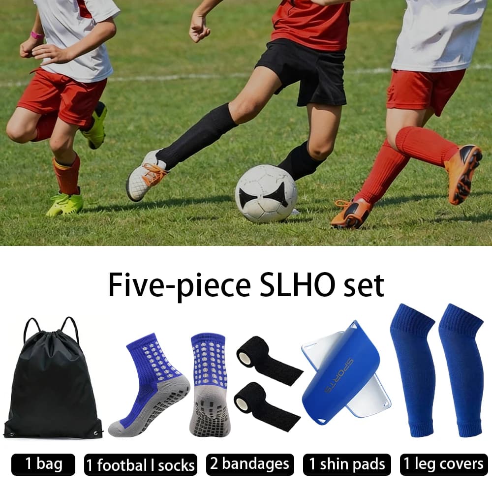 Set 5 Pieces: Football bag, Football socks, Anti-slip Sports socks for Boys and Men, Football cups, Protective mudguards, Training braces