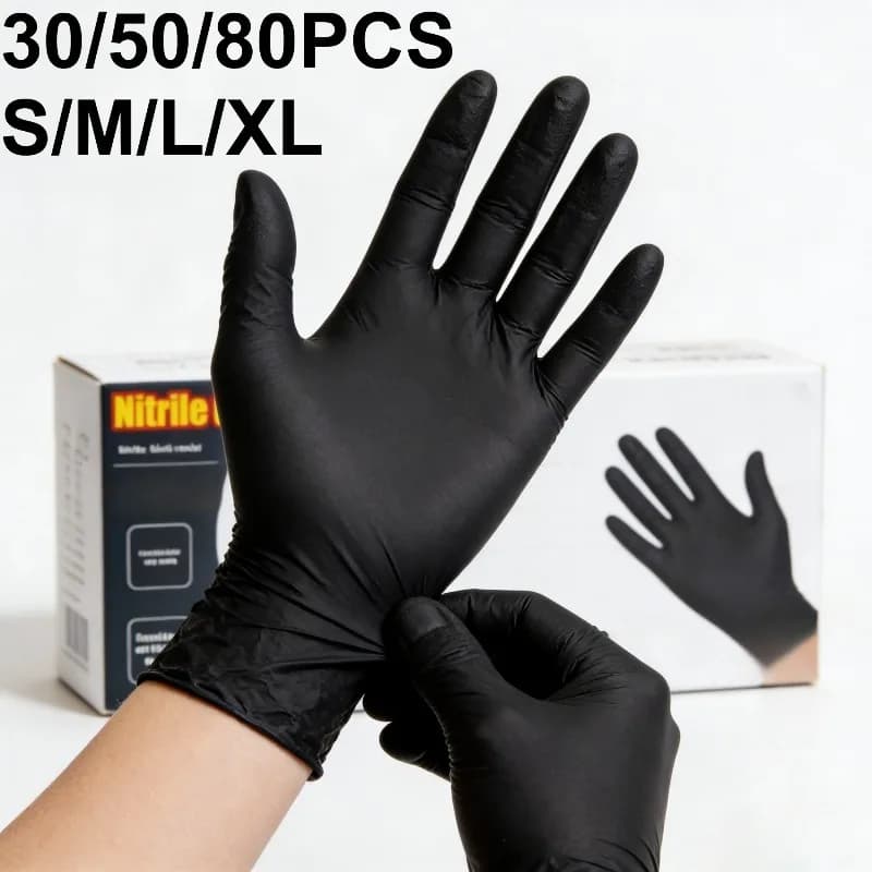 30/50/80 Pezzi Guanti Monouso in Nitrile Neri per Tatuaggi, Manicure, Pulizia, Toelettatura Animali e Parrucchieri
