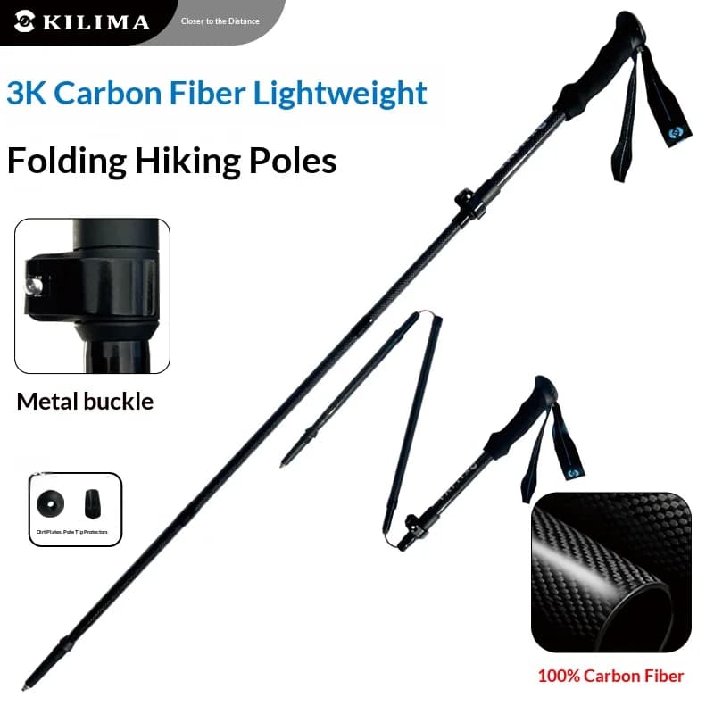 KILIMA Foldable carbon fiber trekking poles light and high resistance with fast locking, designed for mountain use on snow.