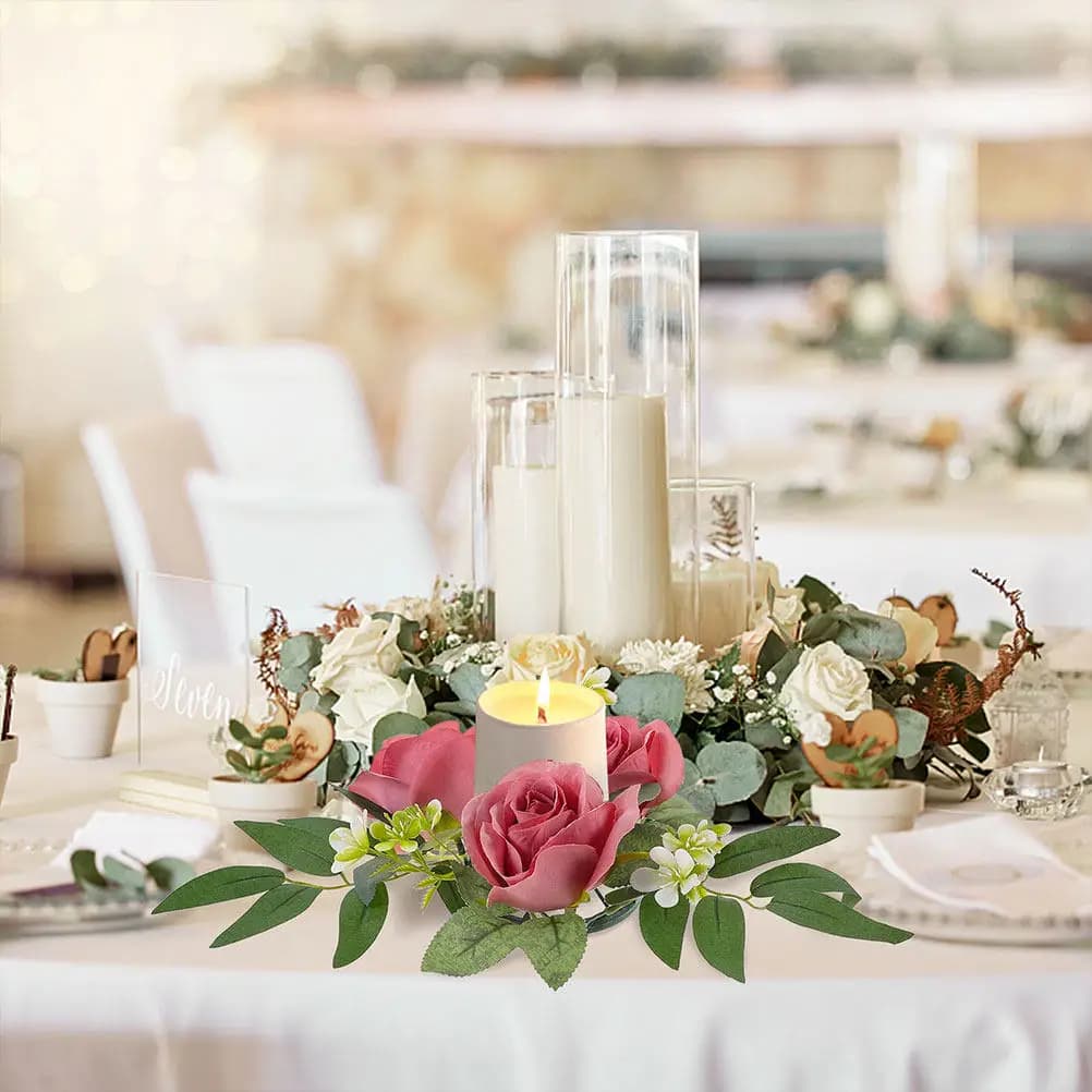 2 Pezzi Delicato Anello a Ghirlanda di Rose Artificiali dall'Aspetto Naturale, Portacandele Floreale per Decorazioni di Matrimoni, Feste e Fotografia