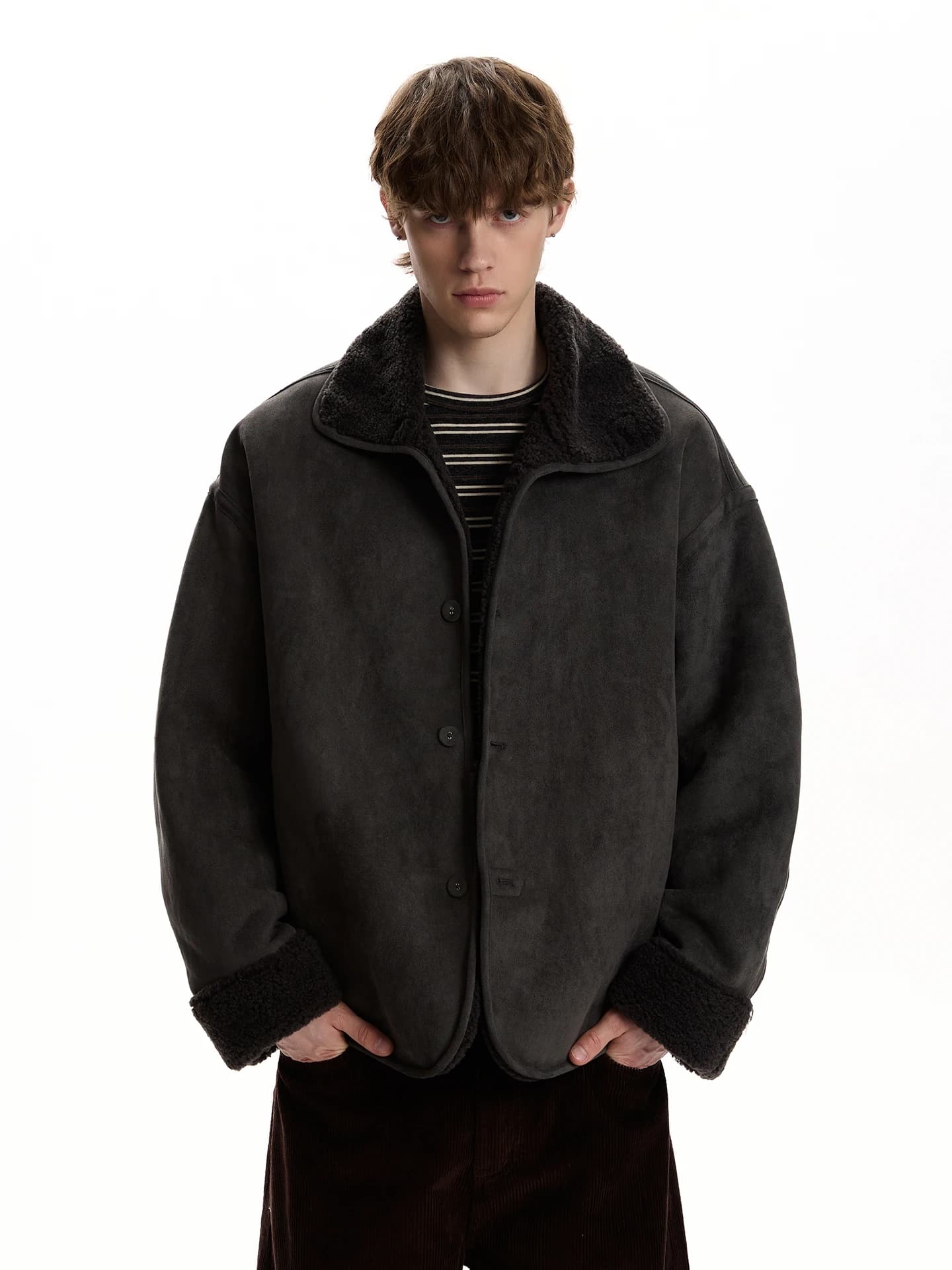 Giacca in Velluto di Agnello PUEE Retro a Doppio Lato, Spessa e Calda, Stile Semplice, per Giovani, Primavera-Autunno
