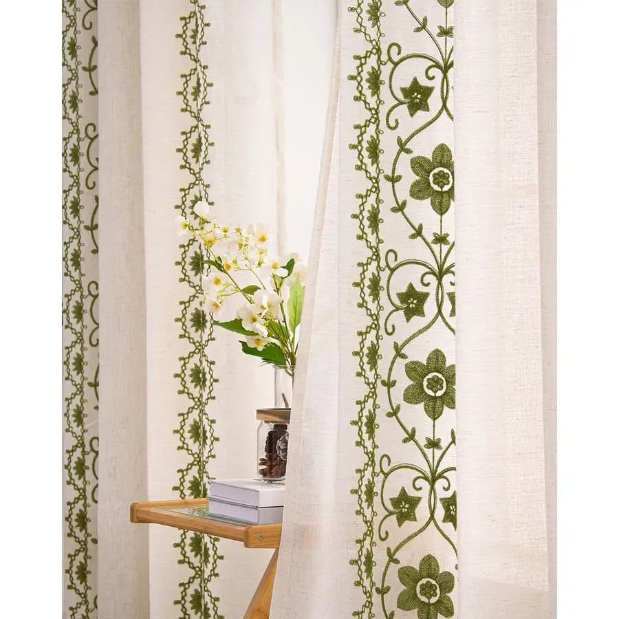 Green Boho Curtains with 2 Living Room Panels, Vintage Linen Curtains with Floral Patterns, Lengths 84 Bedroom Inches, Rustic Motive Drains