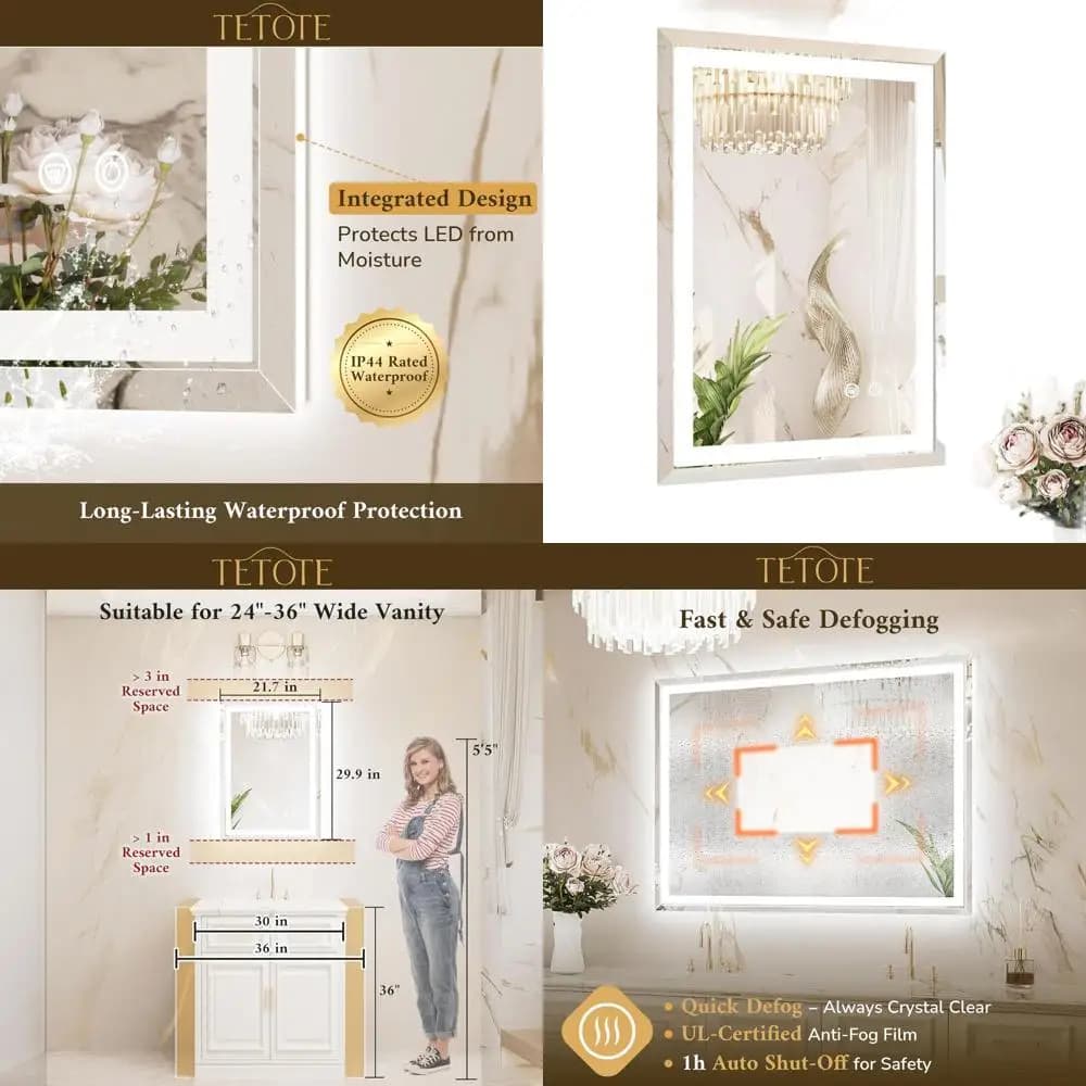Specchio da bagno a LED bisellato 22 x 30, retroilluminato e illuminato frontalmente, antiappannamento, in vetro temperato per bagno moderno