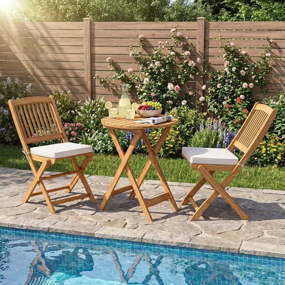 Set da bistrot da 3 pezzi, set da giardino con tavolo pieghevole in legno, 2 sedie imbottite per giardino, mobili da esterno, tavolo rotondo, colore naturale e beige