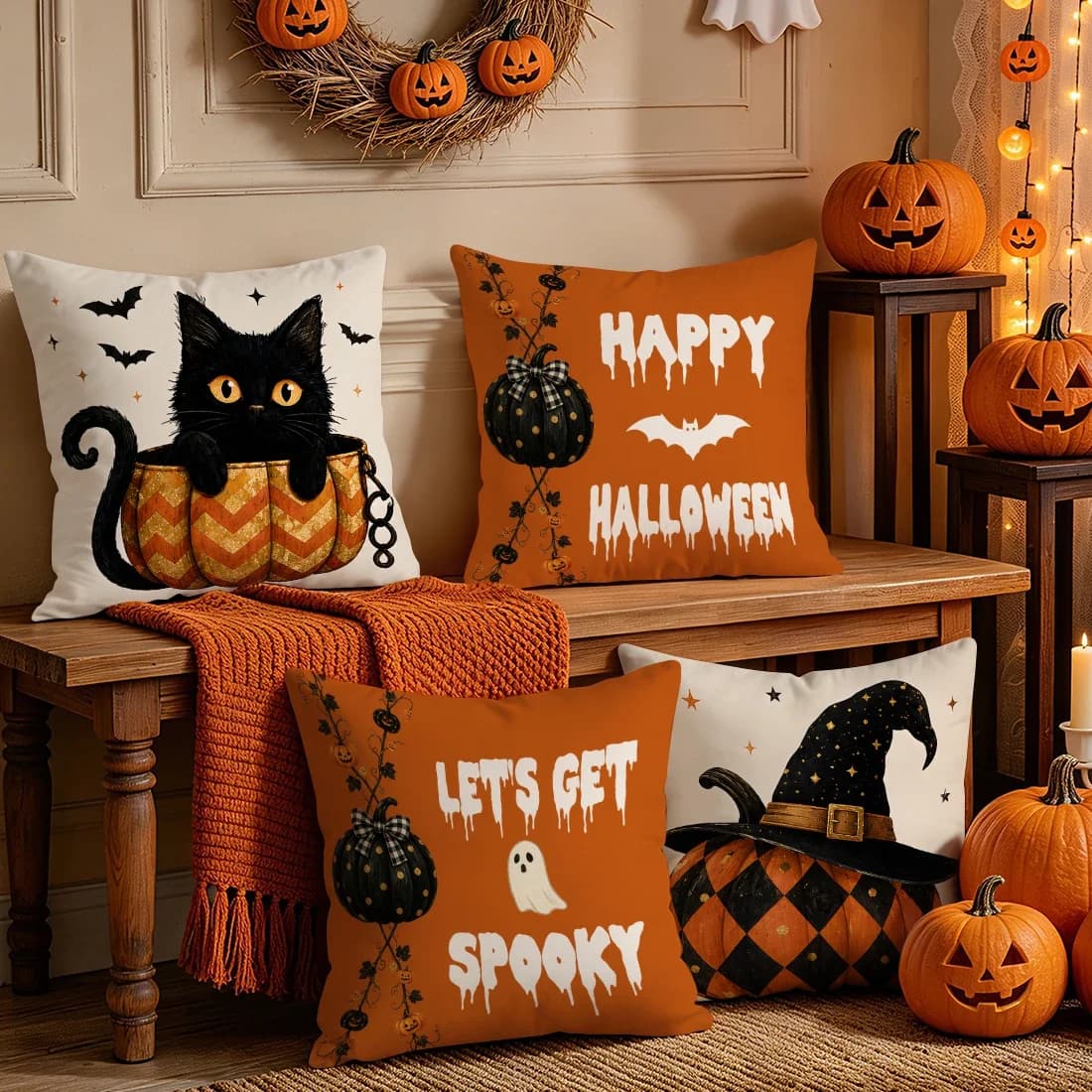 1pcs/4pcs Black Cat Pumpkin Halloween Cushions Pillowcase Polyester Cushion Cover Throw Pillow Pillowcover Home Car Sofa Decor