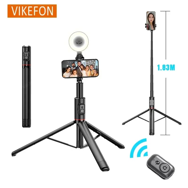 Supporto per telefono con bastone selfie Bluetooth scalabile Treppiede da 1,83 m in lega di alluminio con luce di riempimento per smartphone Riprese all'aperto dal vivo