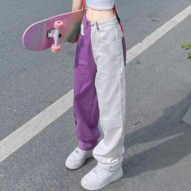 American Fashion Trend New Street irregolare Patchwork viola Jeans donna cerniera bottone tasca Design sentire pantaloni dritti larghi
