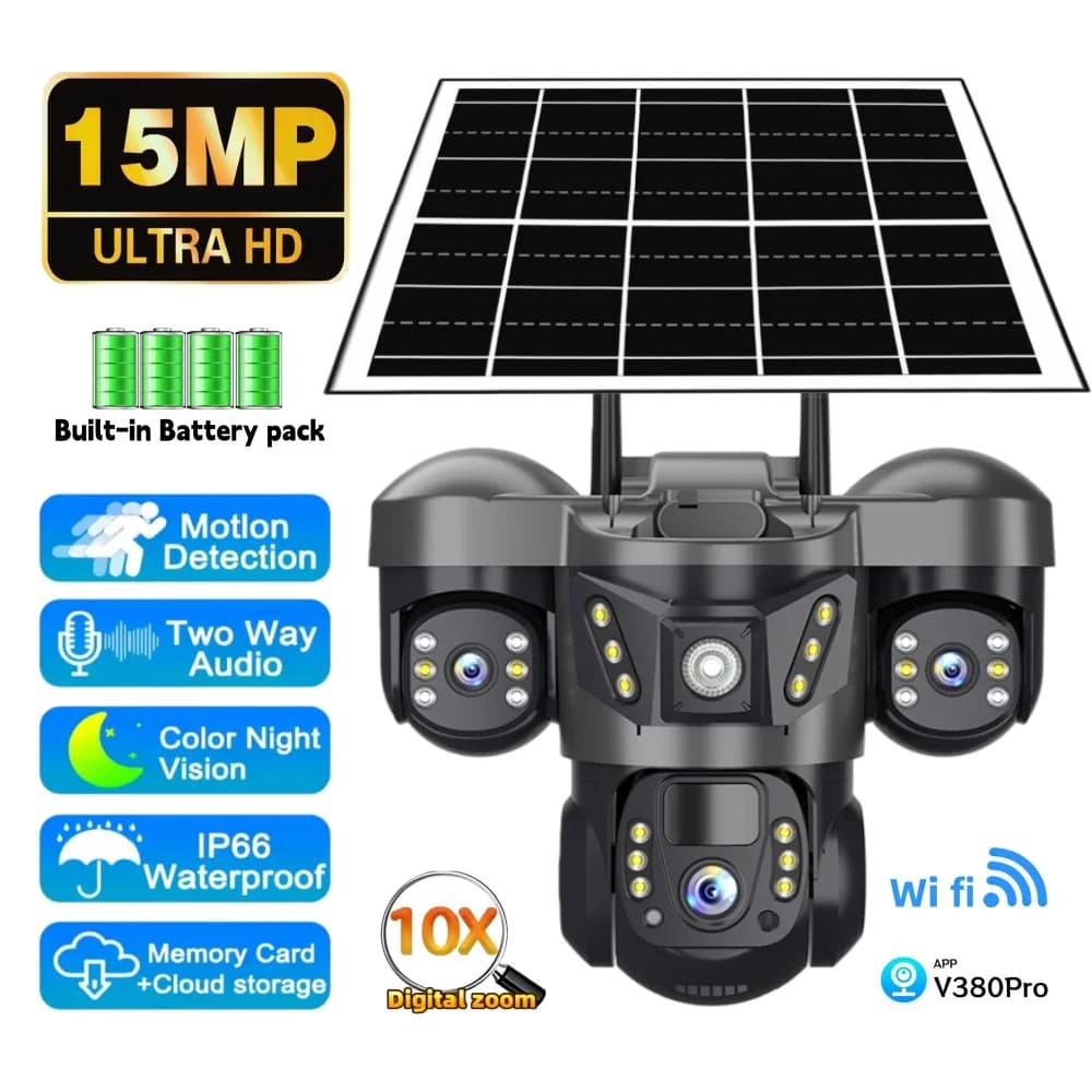 Telecamera di Sicurezza Solare WIFI V380Pro per Esterni con Triplo Schermo a 360° ° Telecamera IP Wireless CCTV Smart Home con Tracciamento Automatico