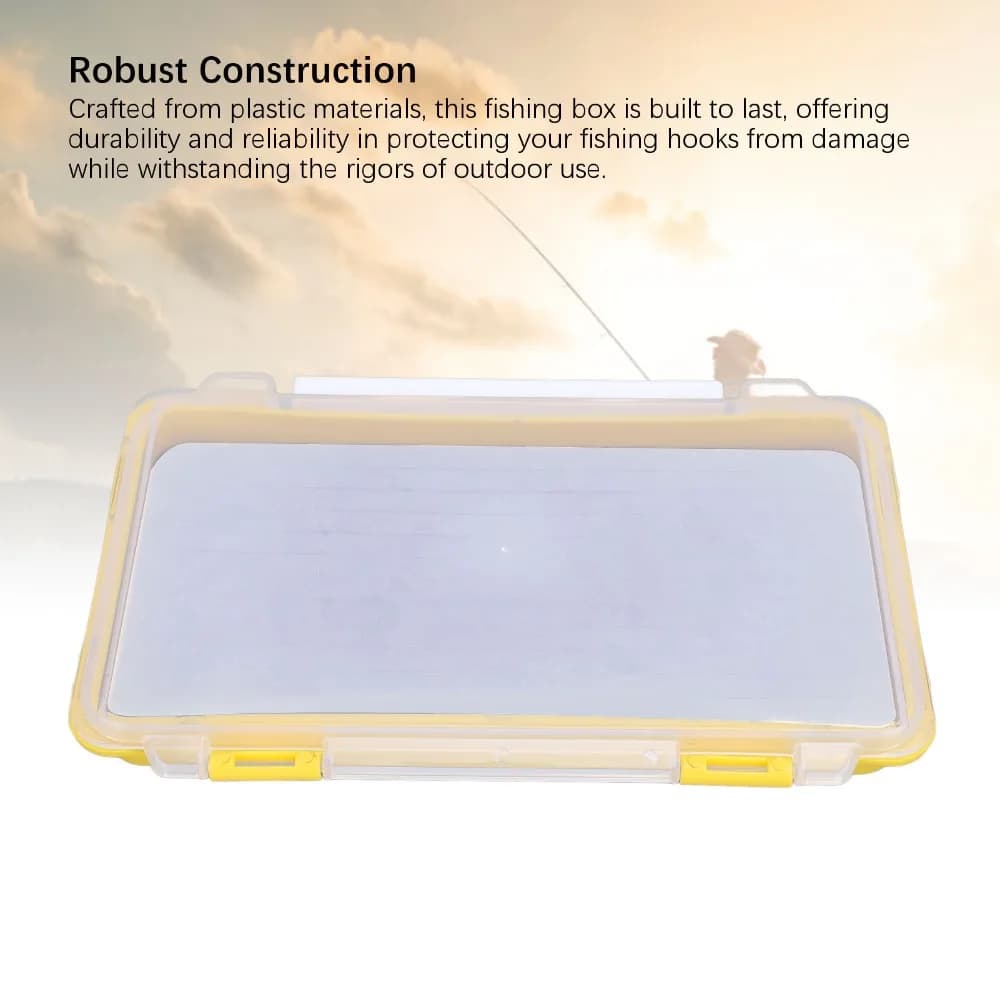 Plastic fishing bait box with foam insert, yellow, waterproof, 17,3×9,75×2 cm, outdoor fishing gear organizer
