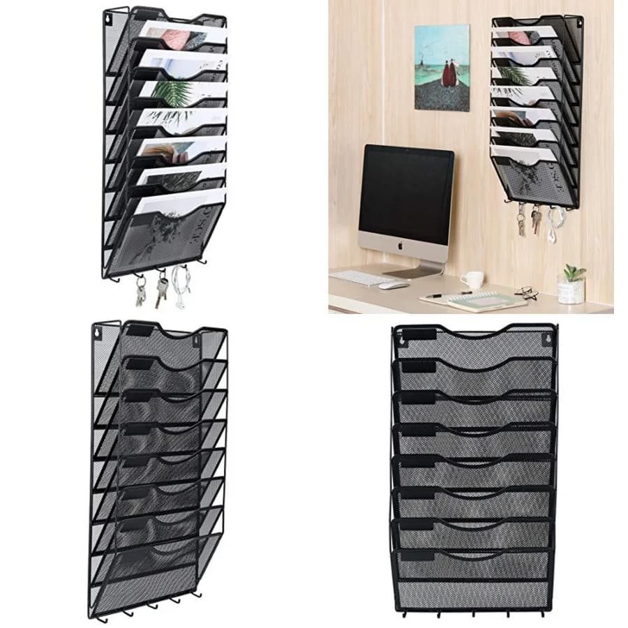 Organizzatore da Parete a 8 Tasche in Rete con Ganci Portachiavi, Porta Cartelle Appeso con Etichette Classificanti, Organizzatore Postale Verticale da Parete
