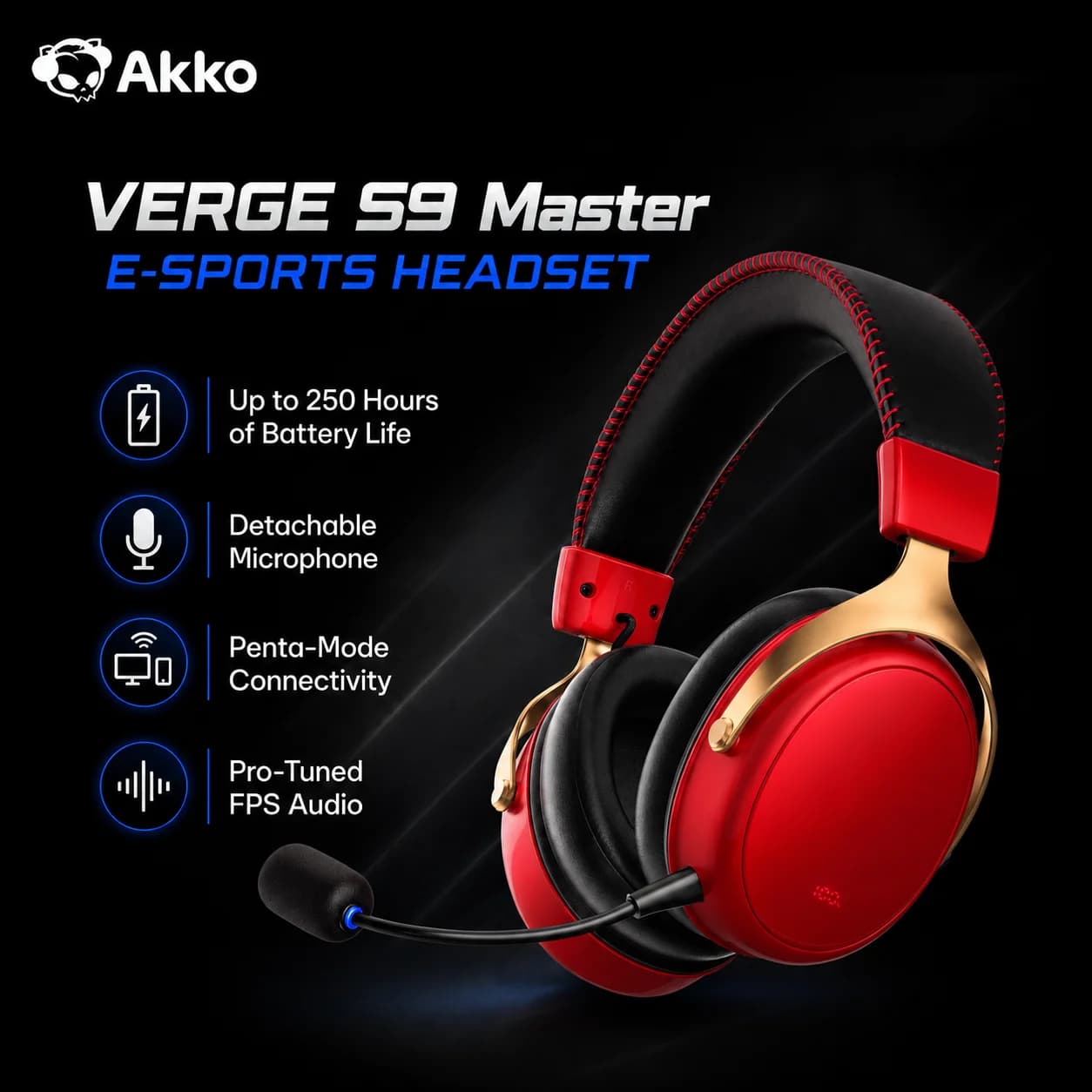 Akko Crimson Gold Headset with Microphone LED Battery Display FPS Audio Penta-Mode for Esports Gaming Headphone Verge S9 Master