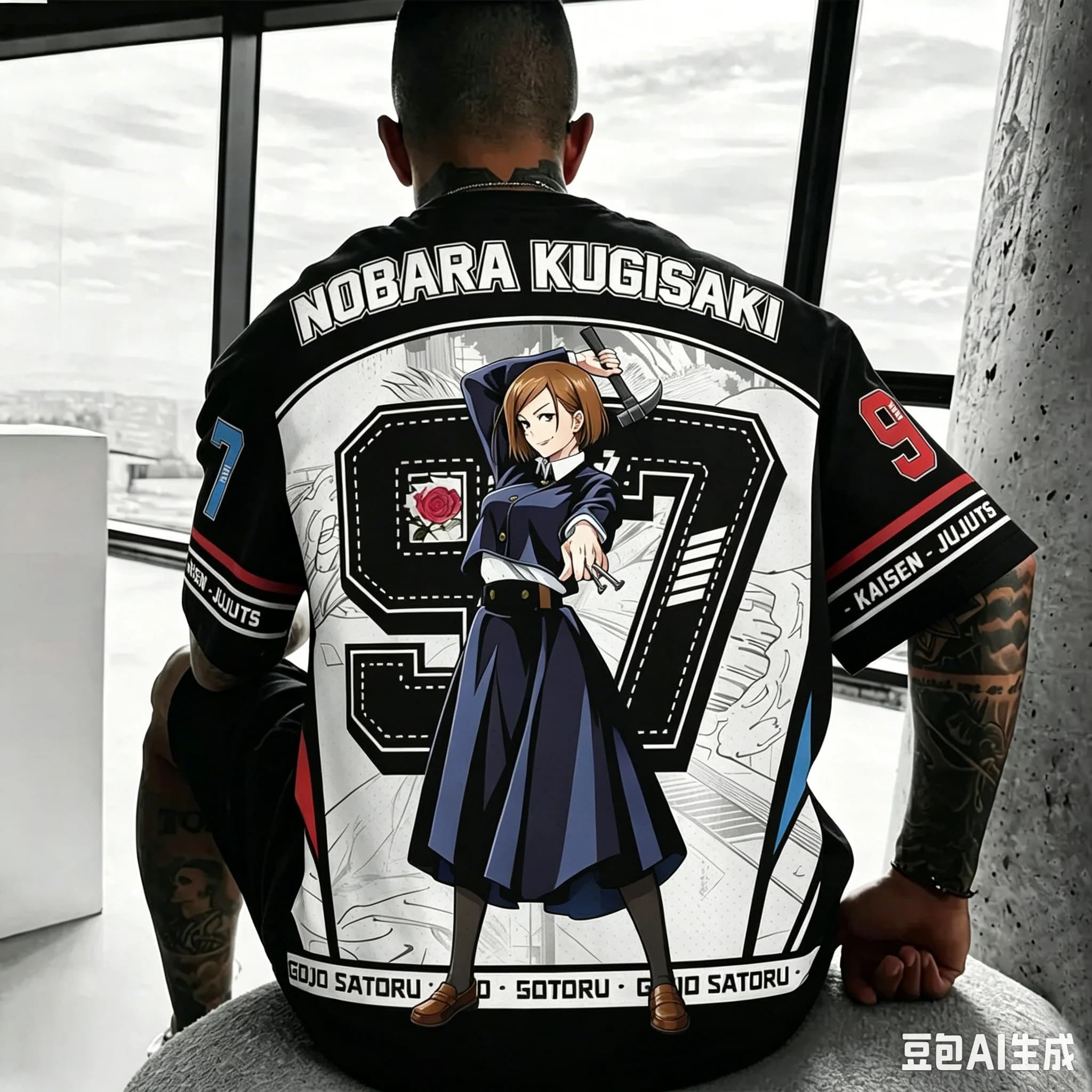 Men Jujutsu Kaisen Nobara Kugisaki 97 Number Graphic T-Shirt Full Back Print Oversized Mesh Y2K Street Anime Fan Daily Outfit