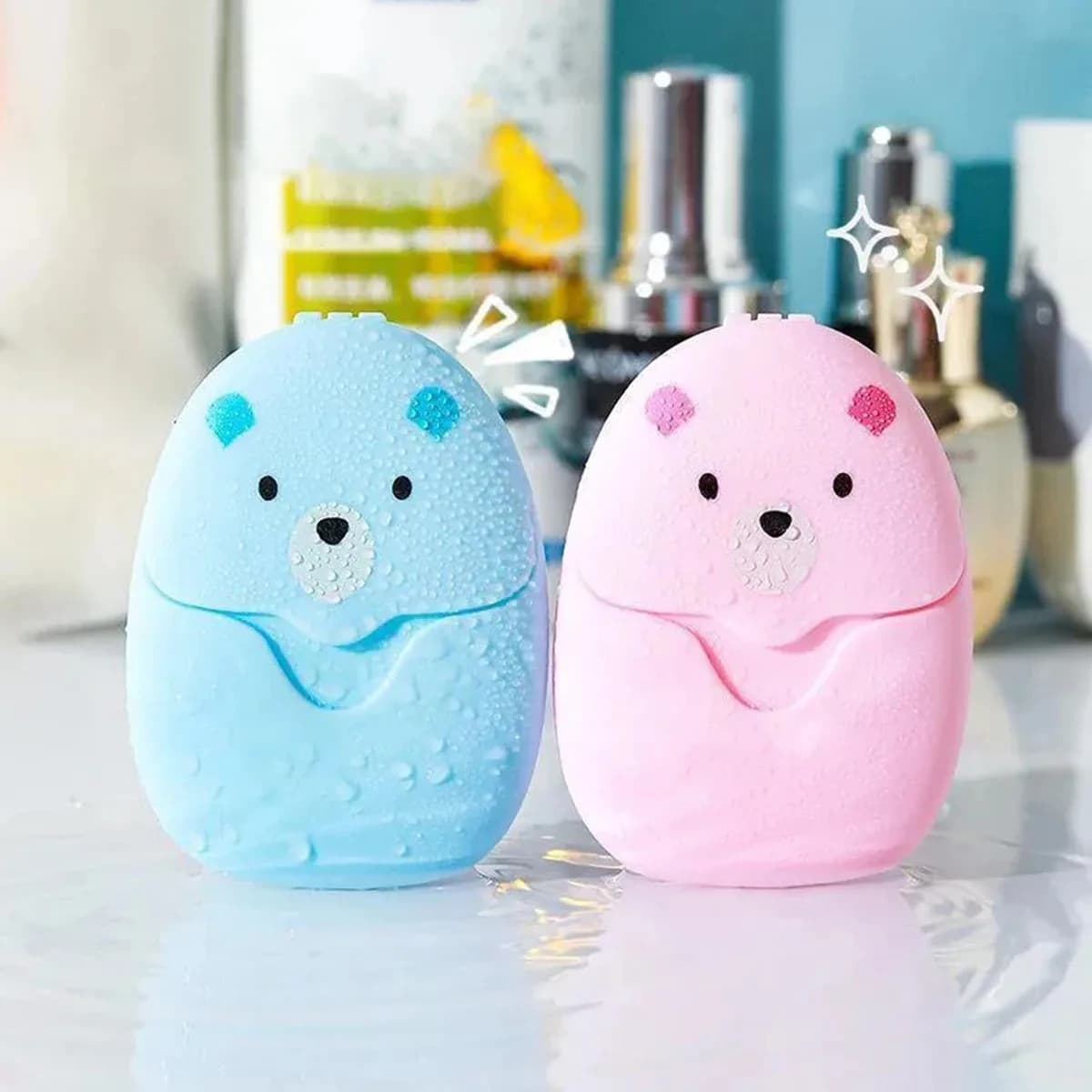 50 pezzi/1 scatola di sapone da viaggio in fogli, sapone portatile in carta per studenti e bambini, mini scatola igienizzante mani a forma di orsetto