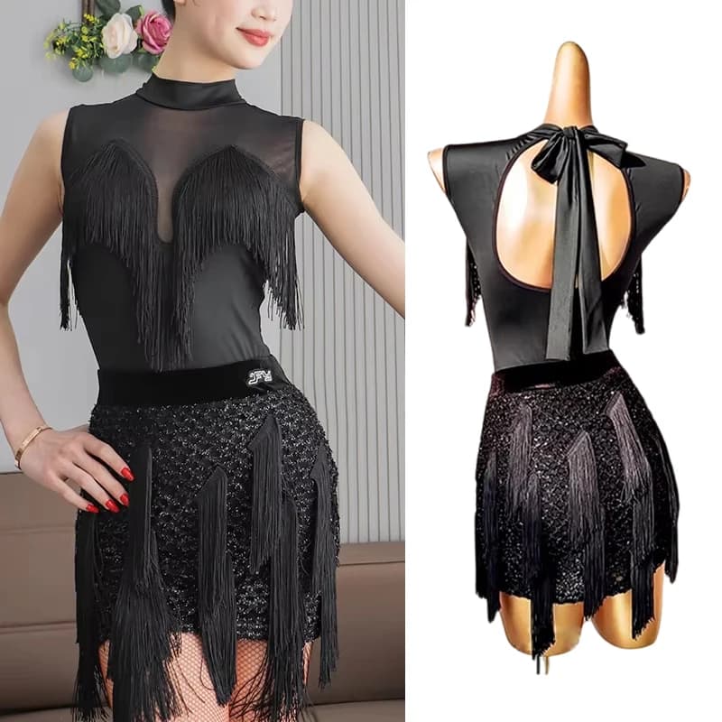 Vestito da ballo latino con frange Donna Nero senza maniche Abiti da prestazione Salsa Cha Cha Samba Abbigliamento da pratica Abbigliamento da ballo latino per adulti 3609